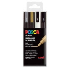 SET 4 BUC UNI POSCA MARKER APA PC-3M 0.9-1.3 MM NEGRU ALB AURIU ARGINTIU