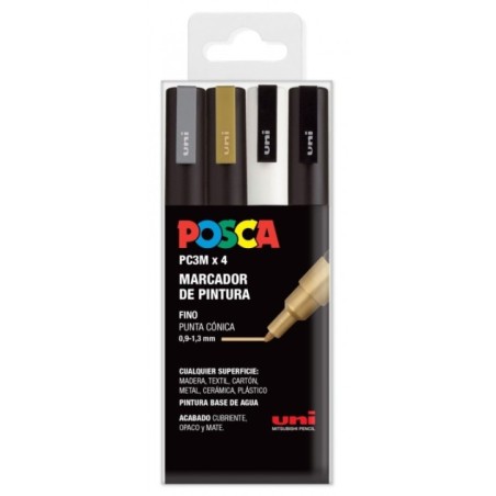 SET 4 BUC UNI POSCA MARKER APA PC-3M 0.9-1.3 MM NEGRU ALB AURIU ARGINTIU